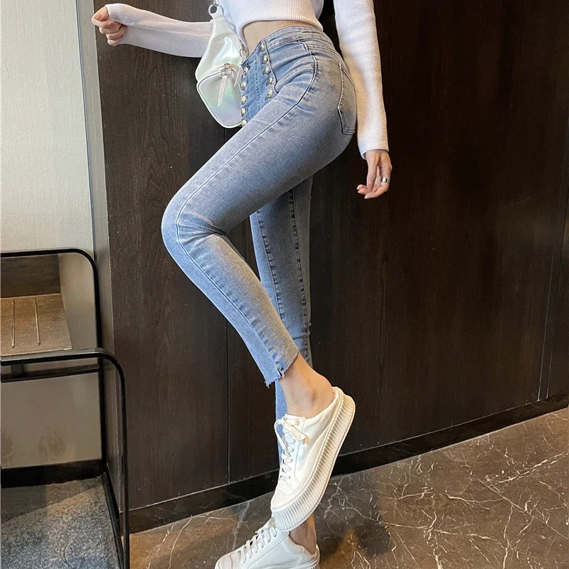 Damskie jeansy ołówkowe z wysokim stanem, dwurzędowe, streetwearowe, obcisłe, długość do kostki, vaqueros vintage, niebieskie legginsy, spodnie jeansowe JJ934