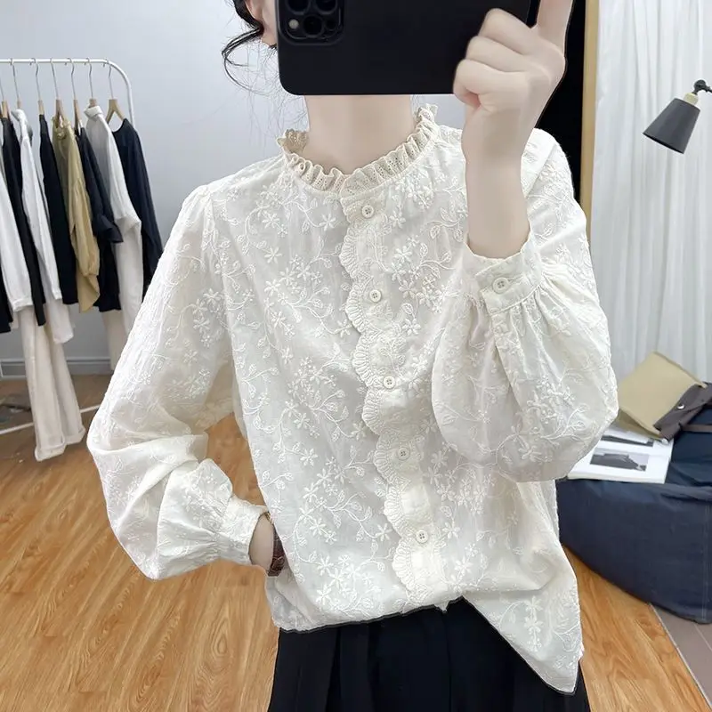 Women Korean Fashion Lace Embroidery Button Up Shirt Vintage Ruffle Sweet Chic Blouse Casual White Long Sleeve Loose Tops Blusas