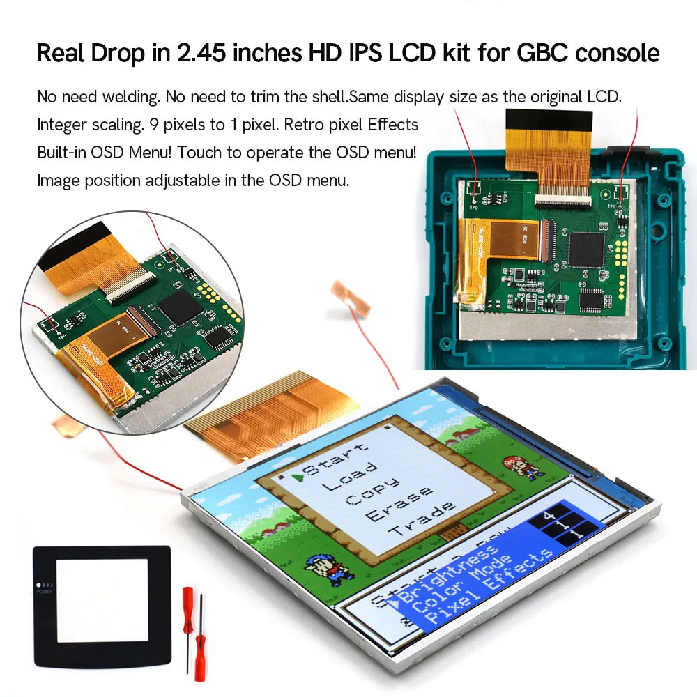 Imagem -02 - Drop in Gbc Ips Screen Pcb Mod Kits Substituição sem Necessidade de Soldagem Osd Pixel Effect Gameboy Color com uv Printing Shell 245