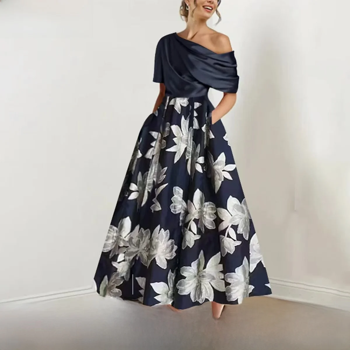 

Fashionable Retro Hepburn Style Printed Slim Fit Maxi Dress Single Shoulder Design Elegant Evening Gown for Wedding Women