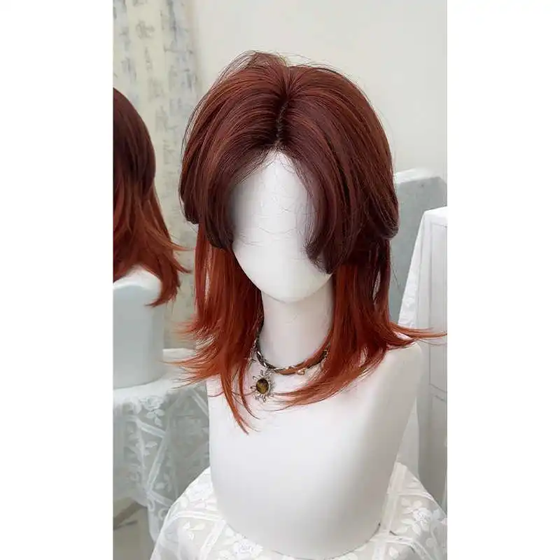 LM Gradient Auburn Orange Wolf Layered Mullet Synthetic Wig with Side Bangs for Women High Temperature Daily Cosplay Party Wigs
