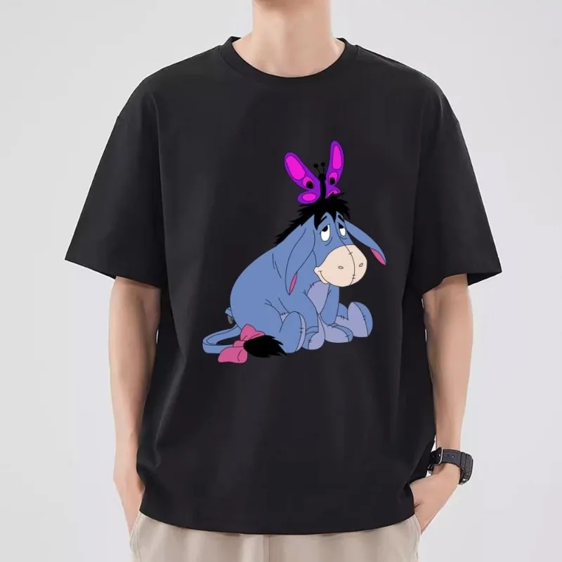 MINISO Pooh Bear Eeyore T Shirt Men Couple Combination Clothes Short Sleeve Collar Fashion T-shirt Women Cotton