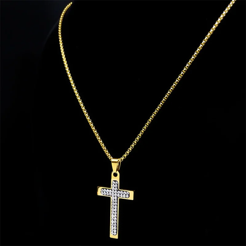 

Hiphop Cross Pendant Necklace for Women Men Rhinestone Stainless Steel Gold Color Male Chain Catholic Jewelry collier NZZZ493S02