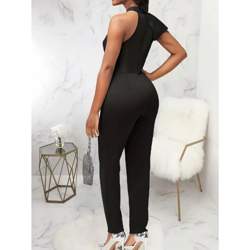 European and American Autumn New Fashion Women's Sleeveless Halter Neck Slim Fit Ruffle Jumpsuit