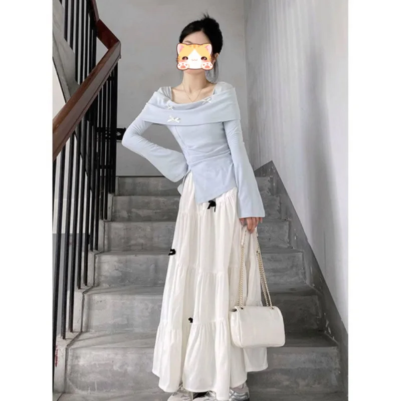 French Gentle Style Butterfly Knot Design Long Sleeve Split High Waist Slim Fit Midi Skirt And Top Set for Women Autumn Blue