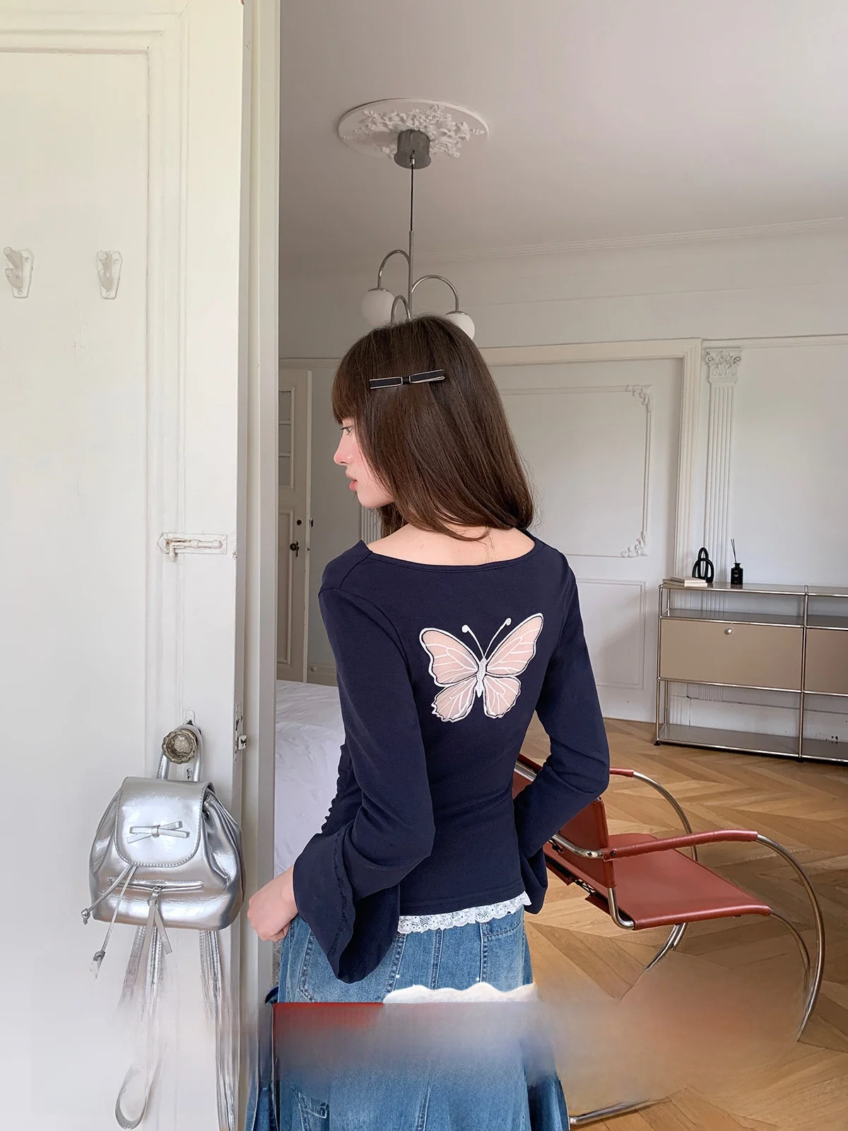 

Unique Ba Hollow out Long Sve One oulder T irt Women's Autumn Beau Cheese Day Evening Blue T irt