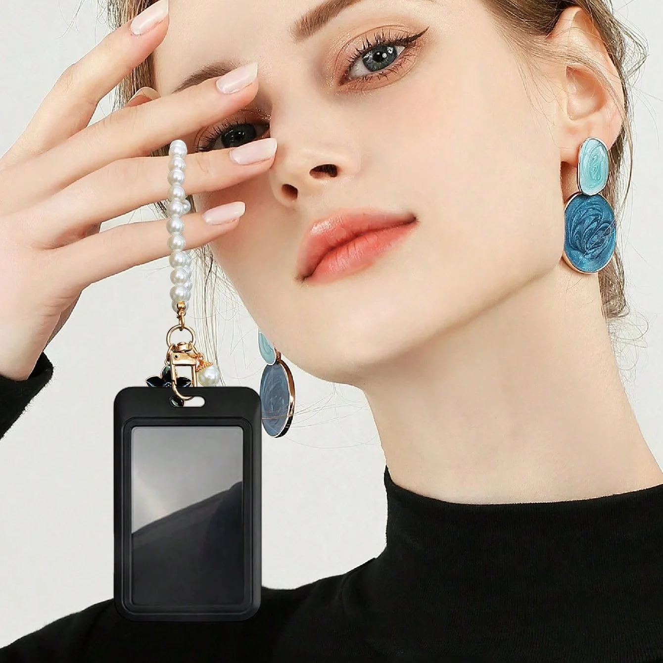 حبل معصم على شكل سلسلة مفاتيح لؤلؤية لطيفة مع حامل بطاقة الهوية وإكسسوارات زهور بحافة معدنية هدية أنيقة أنيقة للنساء والزوجة والأم #5