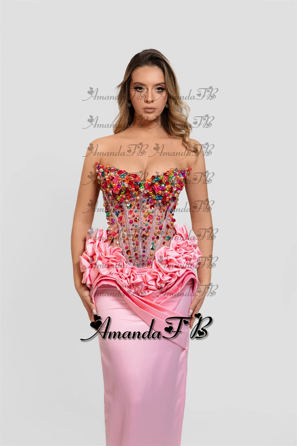 Amanda Colorful Pearls Prom Dresses for Women Mermaid Strapless Sleeveless Dubai Vestidos De Gala Pageant Party Drop Shipping