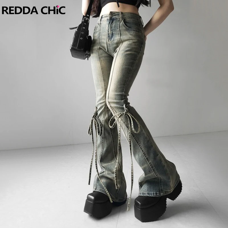 

REDDACHiC Bowknot Bootcut Pants with Coverups Distressed Low Waist Stretchy Tight Jeans Women Trousers Vintage Y2k Streetwear