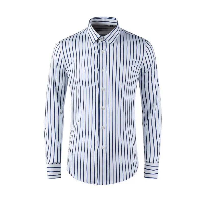 Four Seasons New Long sleeved Shirt with Fine Stripe Back Printed Letter Decoration for Men's Slim Fit