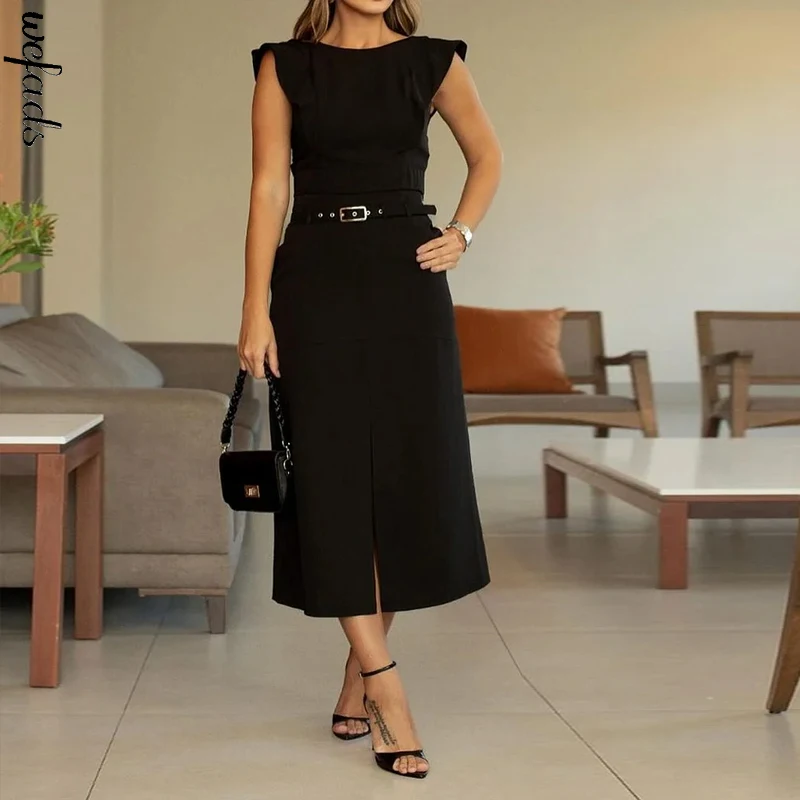 Wefads Two Piece Suit Summer 2024 Women Casual V Neck Solid Round Neck Sleeveless Backless Top With Belt Slit Long Skirt Sets