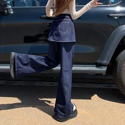 American fake two spice girls blue fart curtain high waist jeans skirt female new niche fashion Joker loose stitching trousers.