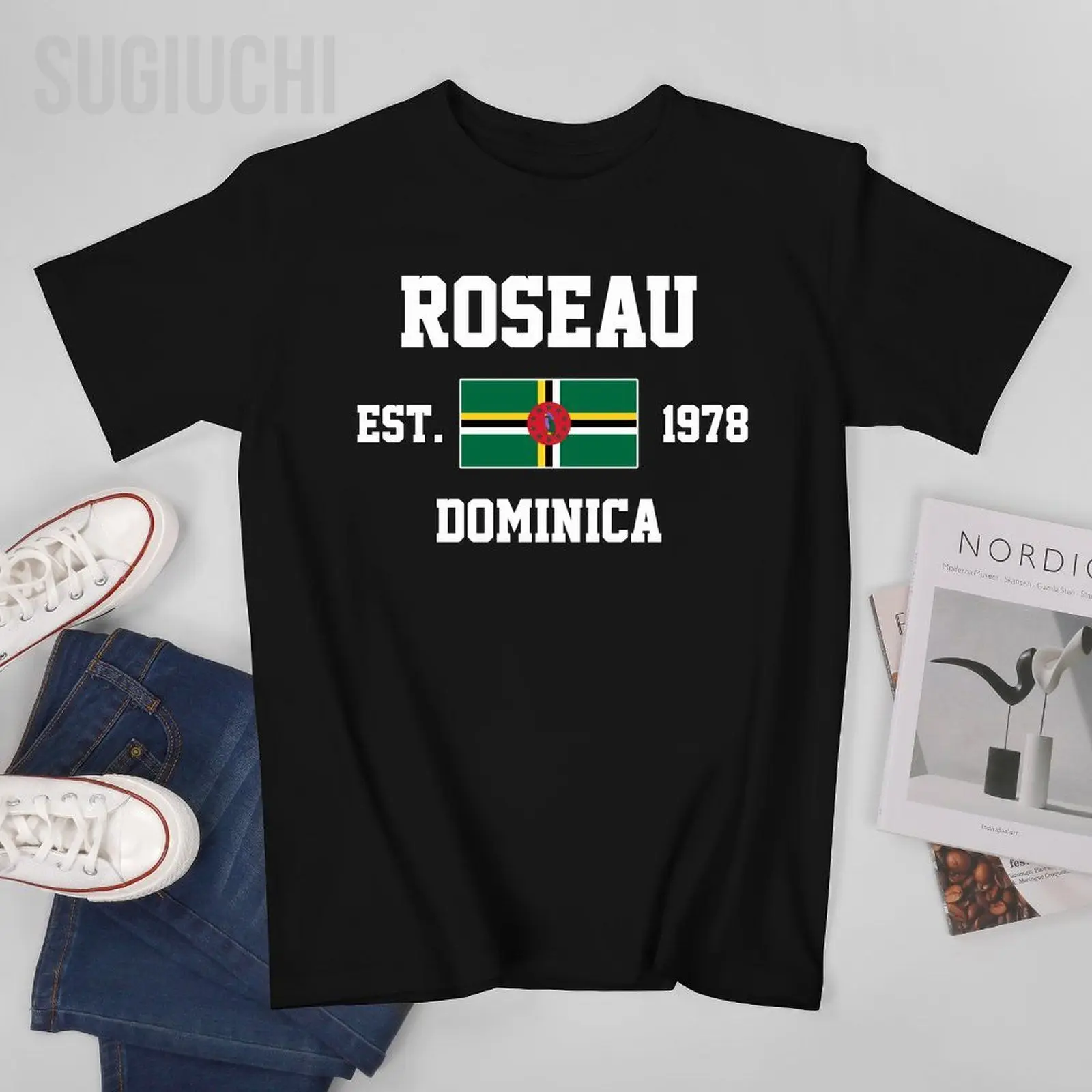 Патриотический флаг Dominica EST.1978 Roseau Мужская футболка Футболки с круглым вырезом Футболки Женская одежда для мальчиков 100% хлопок
