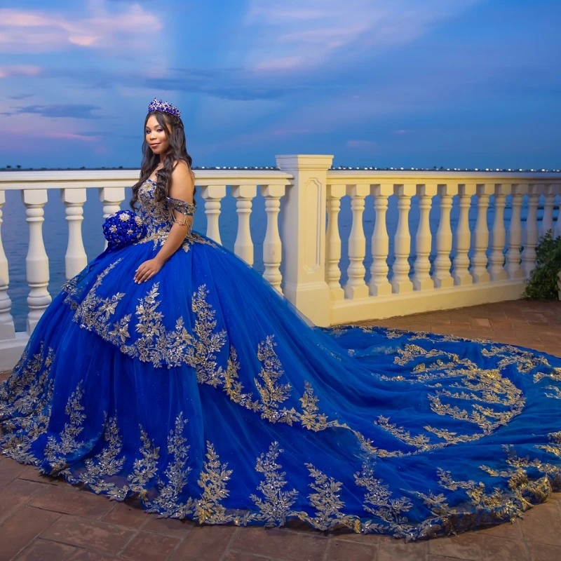 

Blue Shiny Quinceanera Dress Ball Gown Off The Shoulder Applique Lace Beading Crystal Tull Sweet 16 Vestidos De 15 Años