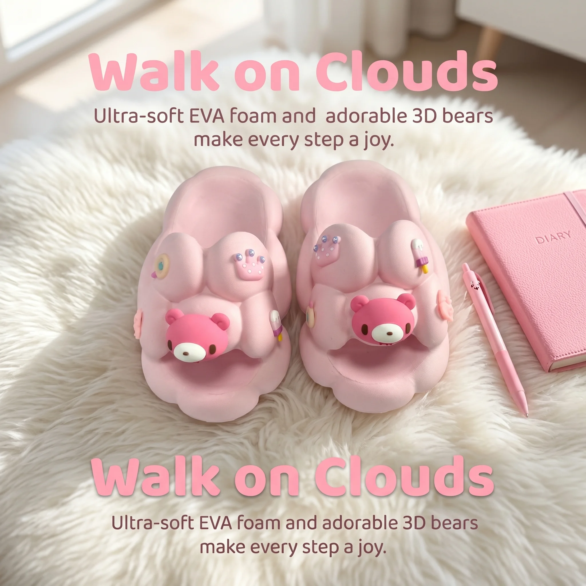 Cute 3D Bear Cloud Slippers, Ultra-Soft EVA Open-Toe Slides, Non-Slip Comfy Indoor & Outdoor Summer Slippers