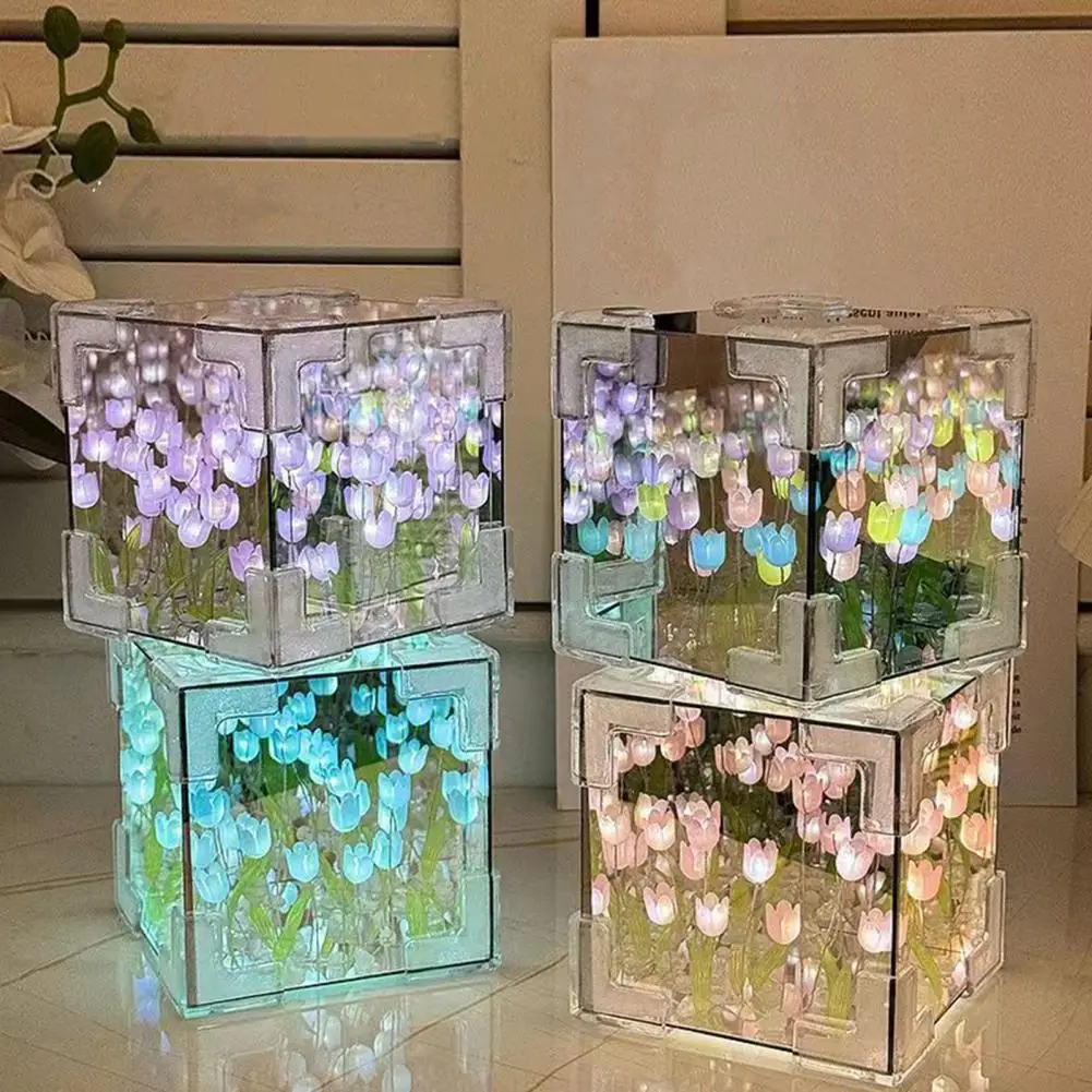 

Easy Installation Tulip Lamp Handmade Tulips Cube Mirror Lamp Soft Glow Night Light Desktop Decoration Diy Easy Install for Home