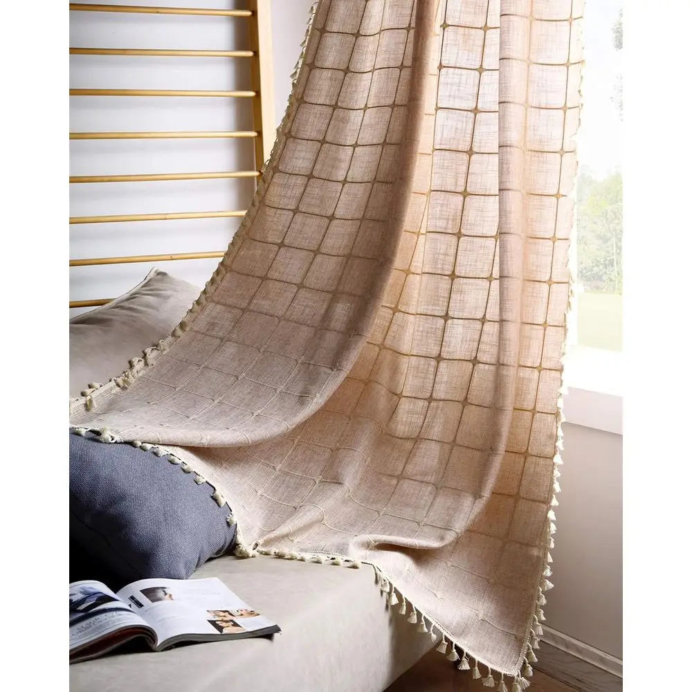 96-Inch Semi-Transparent Cotton Linen Boho Trellis Curtain Panels with Embroidery and Tassels for Living Room (54W x 96L, Tan)