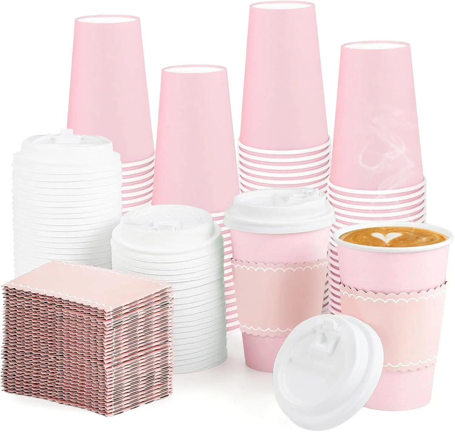 

60 Pack Pink Paper Cups with Lids Sleeves, 12oz Insulated To Go Paper Cups Pink Party Cups Disposable Easter Paper Cups,