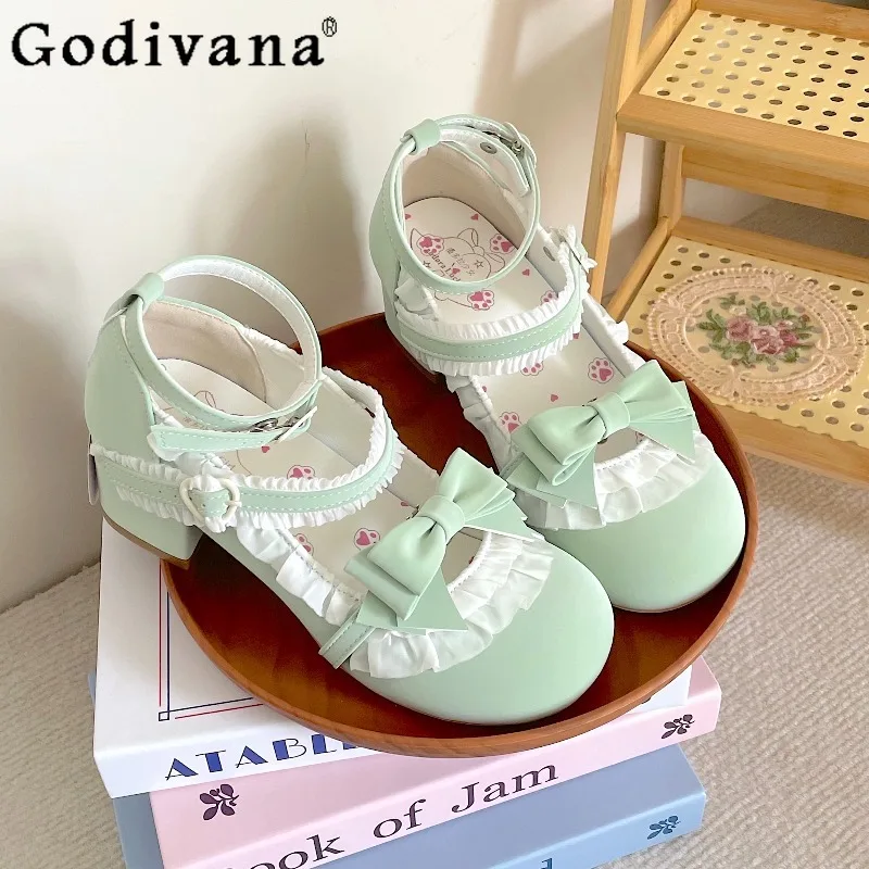 

High Street Sweet Lolita Shoes for Women Lace Vintage Cute Girls Green Shoes Female Japanese Style Bow Pink Lace Shoes
