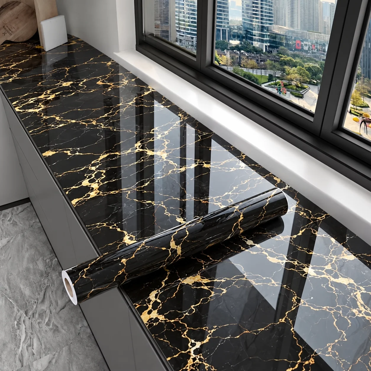 Oil-proof Kitchen Sticker Black Gold Marble Pattern Stain-Resistant Suitable For Refinishing Cabinet Countertop And Furniture.