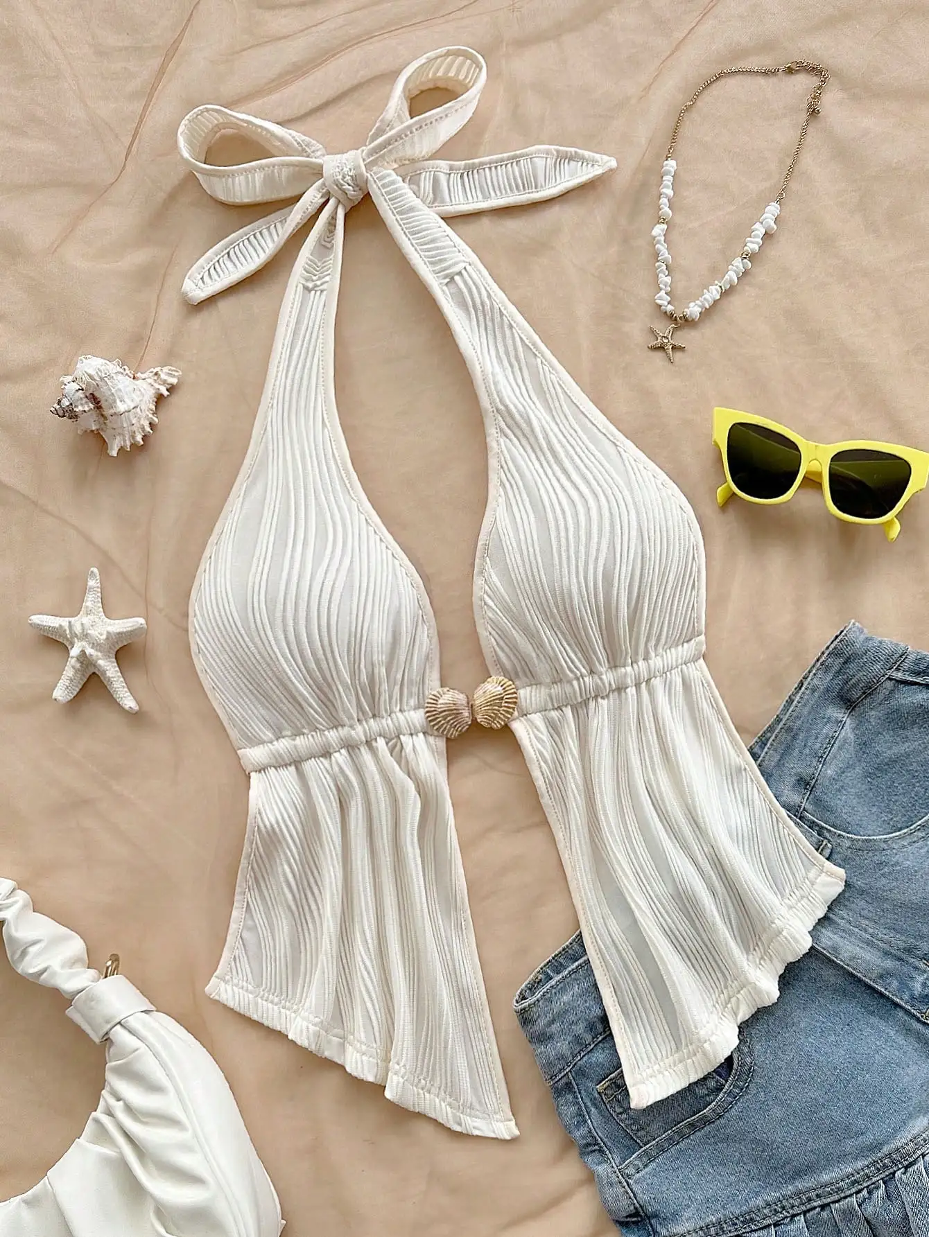 

White Pleated Halter Neck Crop Top with Shell Buttons, Beach Style Summer Top for Women