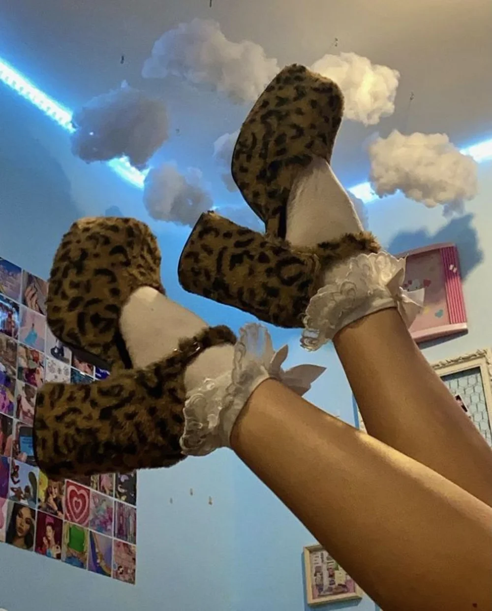 Leopard Print Chunky Block Heel Faux Fur Platform Heels Round Toe Ankle Strap Detail Playful Edgy Cute Footwear for Party Looks