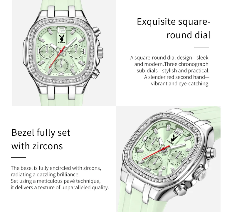 PLAYBOY 3076 Chronograph Quarzuhren für Damen Wasserdicht Leuchtend Elegantes Silikonarmband Diamantlünette Luxus Damenuhren – Detail 6