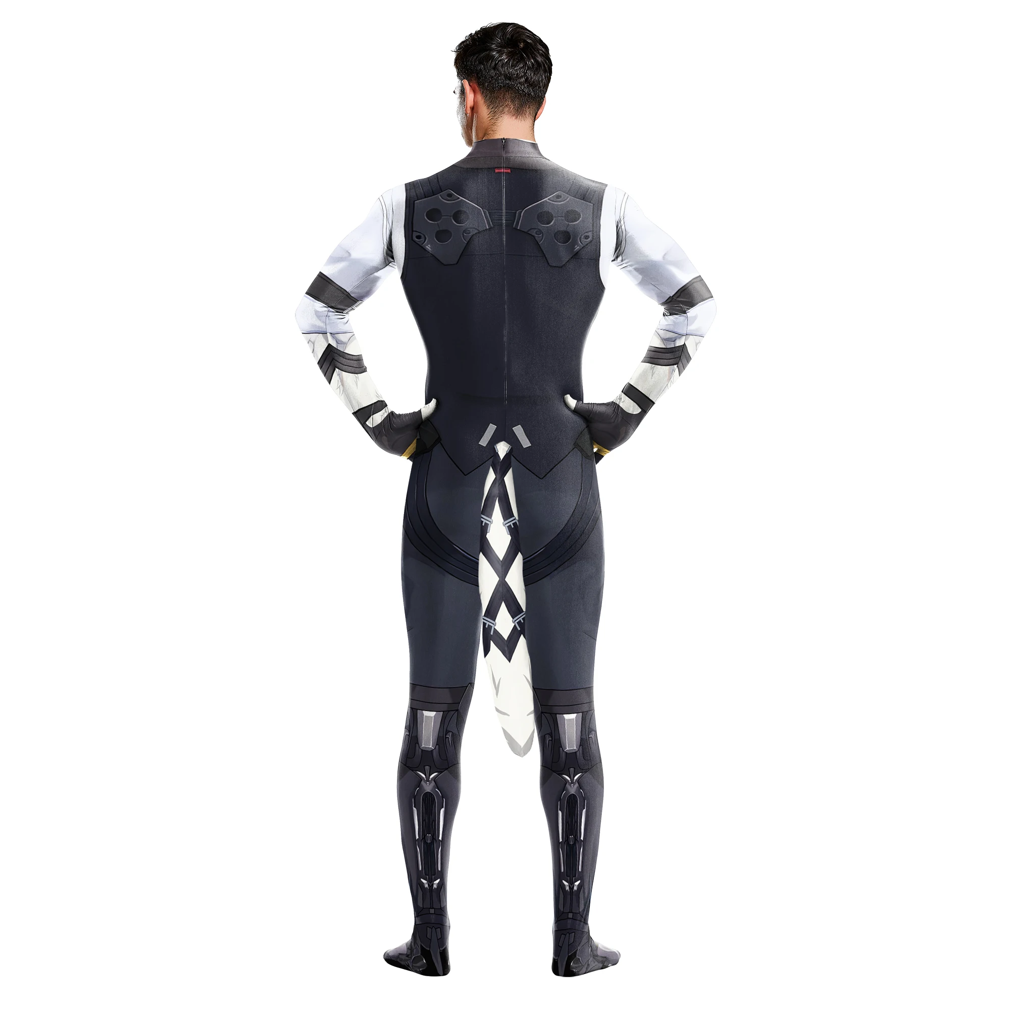 Lecarn Game Character with Tail Jumpsuit Men Carnival Funny Cosplay Costume Adult Long Sleeve Zentai Holiday Party Fancy Catsuit