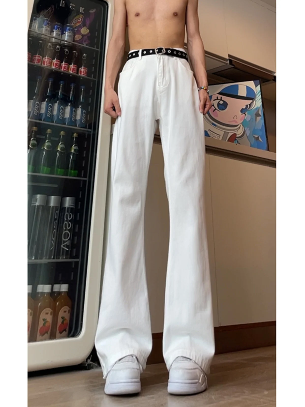 

White Micro-spicy Straight-leg Men's Jeans High-waist Cleanfit Summer Trendy Teenage Cotton Polyester Blend Wear-resistant