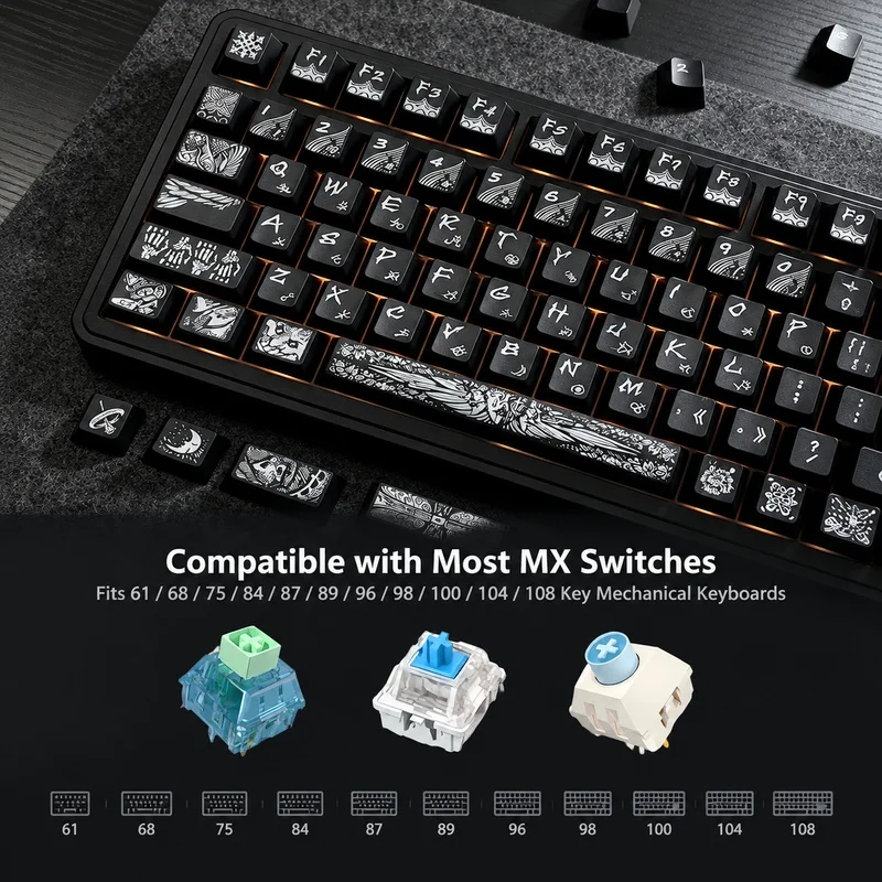 New Retro Black PBT Keycaps,135 Keys Cherry Profile Dye-Sub Custom GMK Key Cap Set For MX Switches Mechanical Keyboards 60% 75%