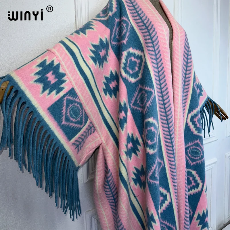 WINYI Winter Women Fringed cardigan print abaya dubai luxury Coat Loose OverCoat Thick Warm Female outerwears long down dress