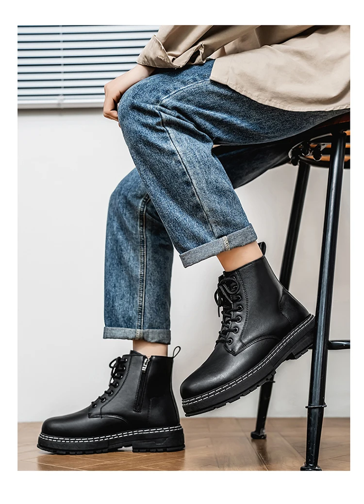 Britischer Stil Schwarze Hohe Arbeitsstiefel, Plattform-Höhenverstellbare Knöchelstiefel für Outdoor & Pendeln – Detail 7