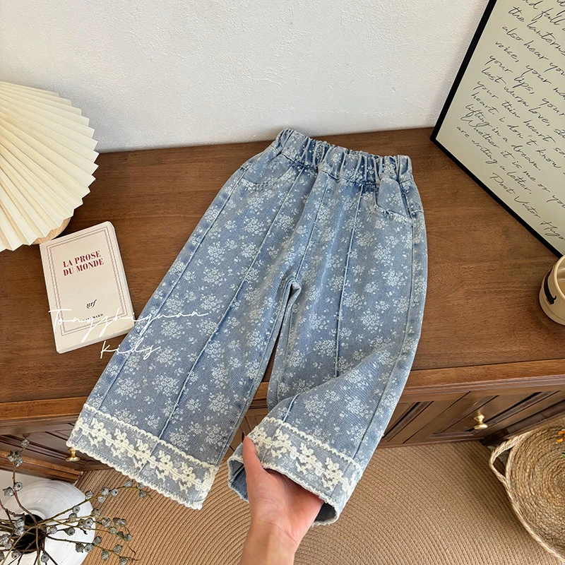 

Baby Girls' Autumn Floral Print Jeans Sweet Lace Splicing Straight Pants Fashion High Waist Casual Trousers 0-7Years Old