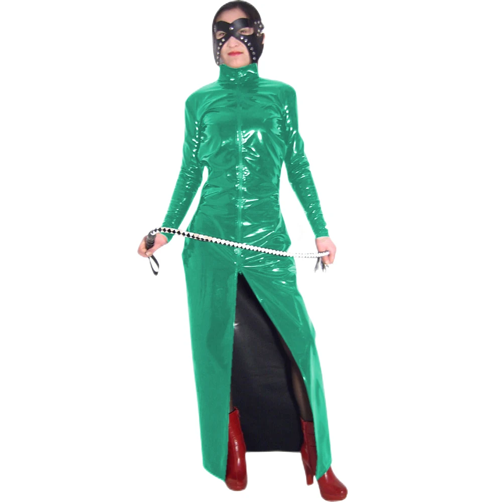 Bodysuit Turtleneck untuk pria dan wanita, mantel panjang, parit PVC mengkilap, tampilan basah seksi, gaun Maxi fantasi, kostum Cosplay Halloween