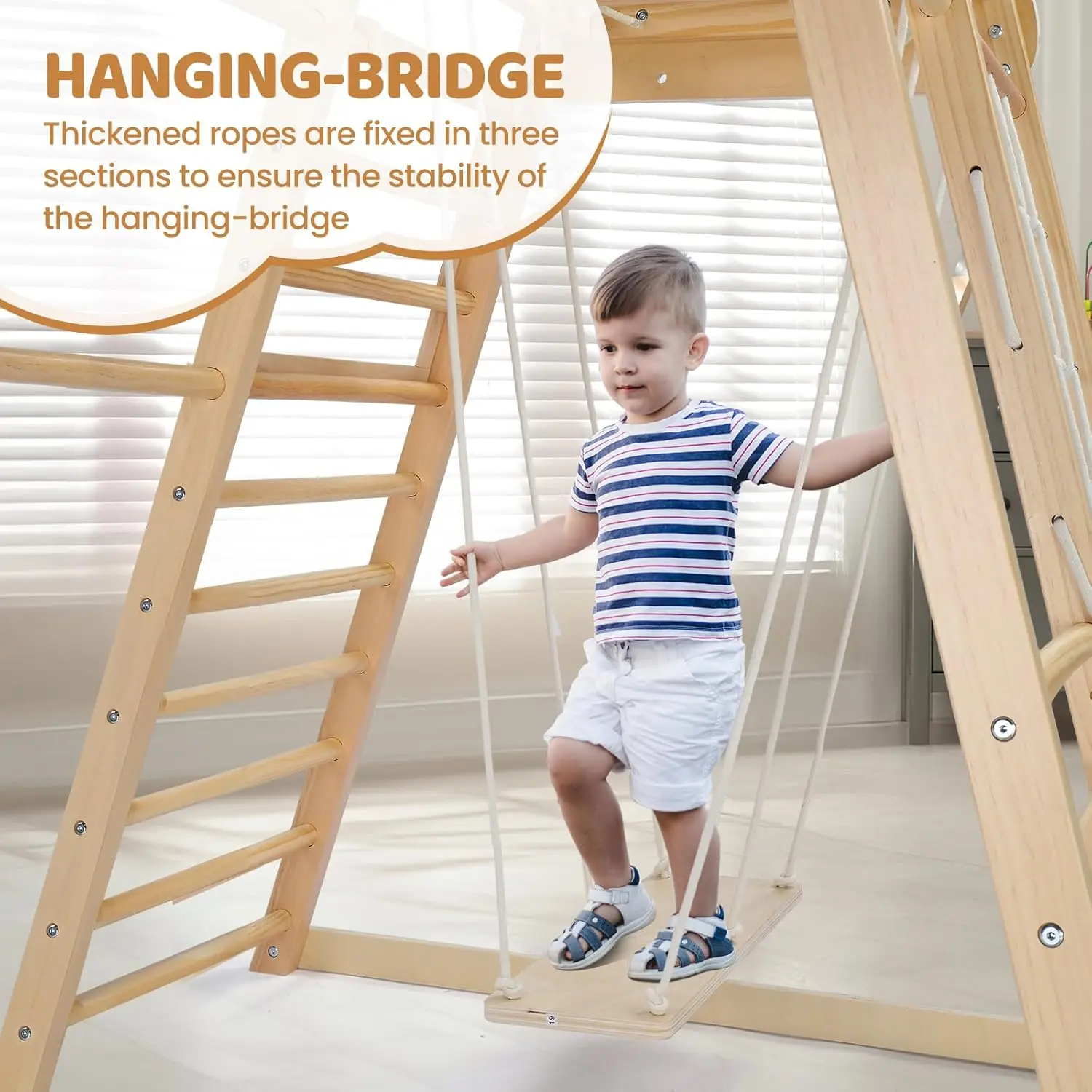 8-in-1 Indoor Jungle Gym voor kinderen en peuters met hangende brug en schommel, houten binnenspeeltuin met glijbaan, schoolbord, L