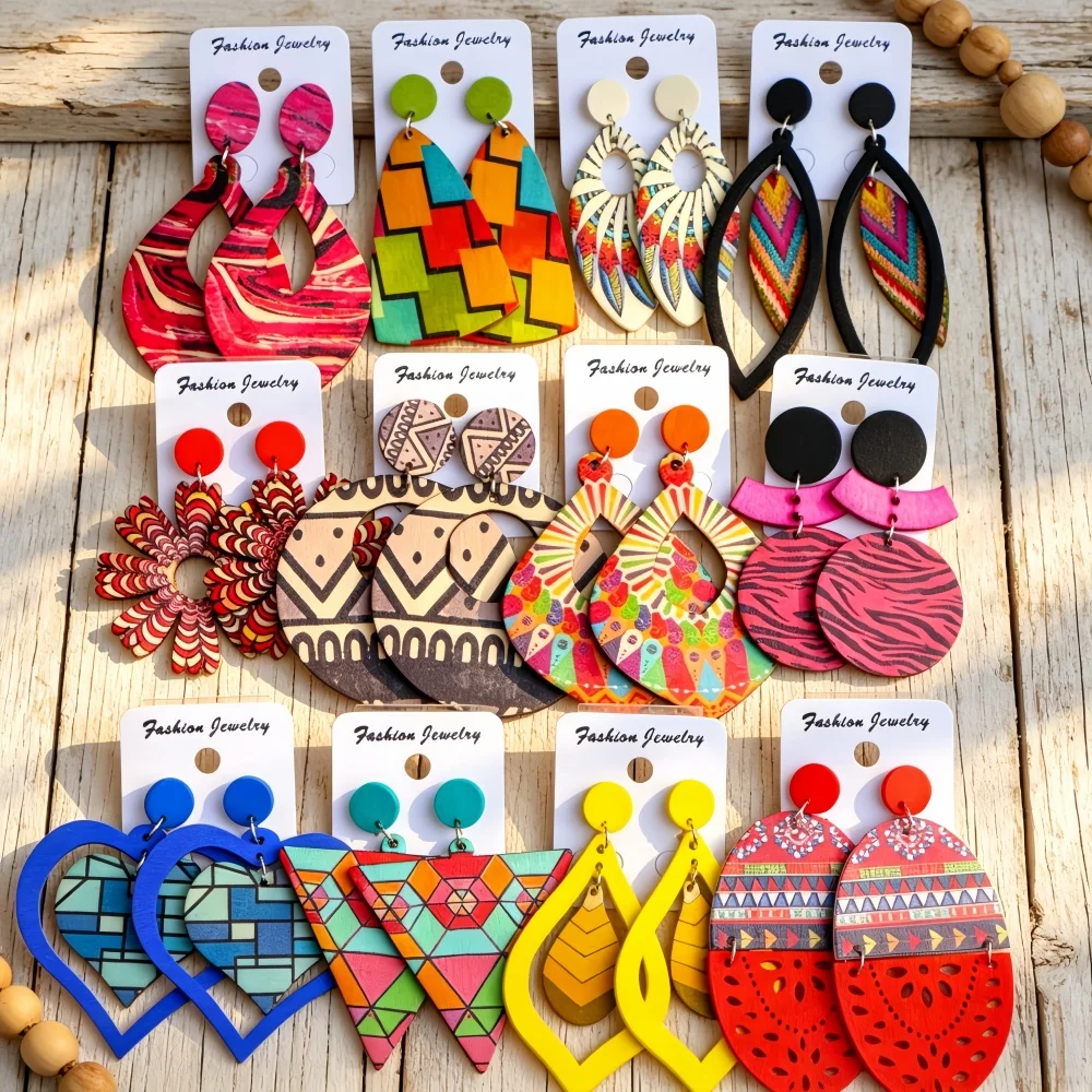 8/12/15Pairs Vintage Ethnic Printed Wooden Dangle Earrings For Women Bohemian Heart Teardrop Hollow Mix Jewelry Gifts Daily