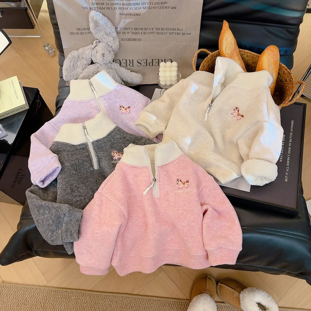 Girls' Autumn Clothes 1-7T Kids' Outerwear and Coats Embroidered Pony Children Coat Fleece Lining Jacket for Girls 3