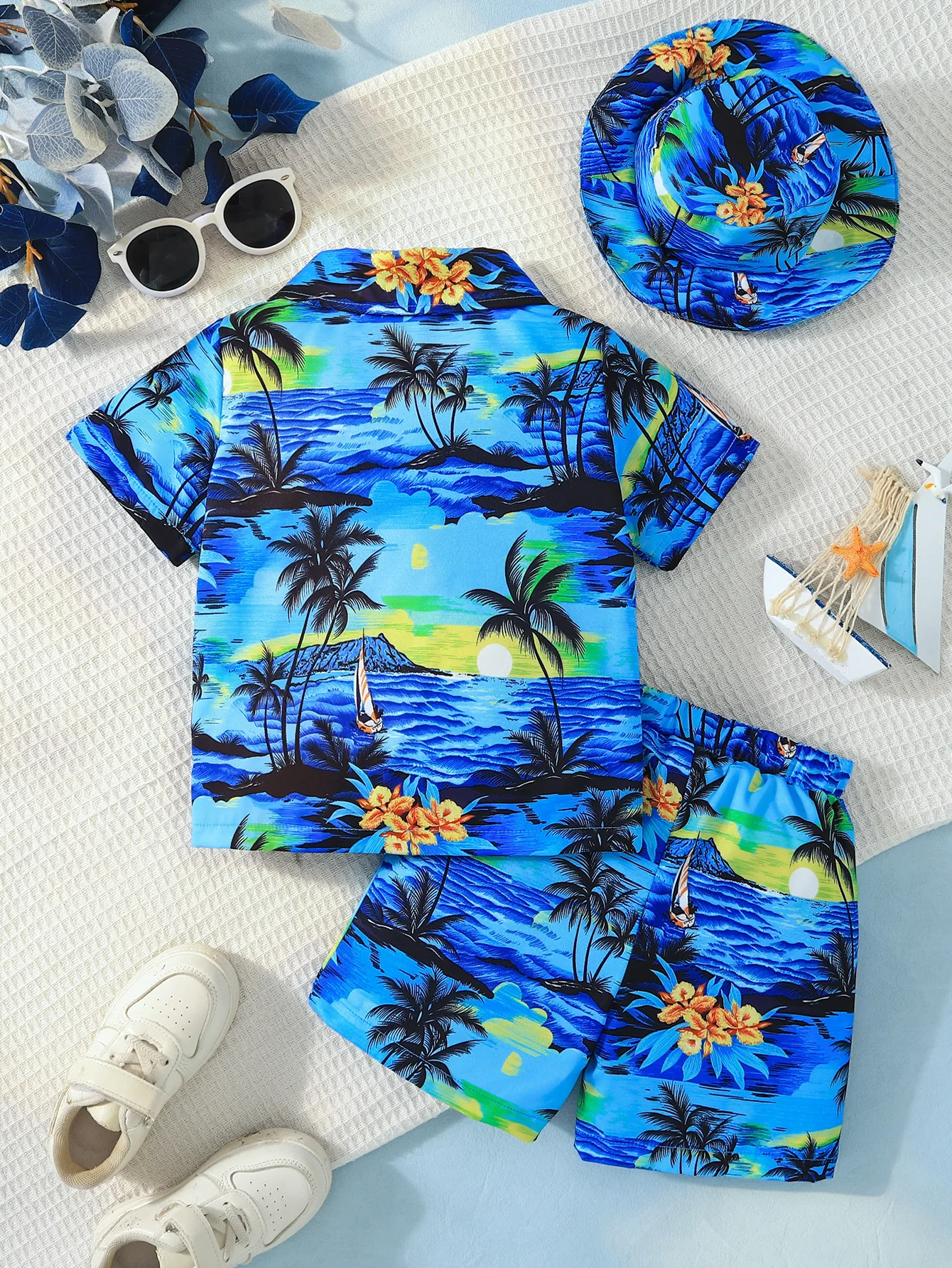 3pcs Summer Boys Hawaiian Vacation Set, 2-6Y, Tropical Palm Tree Print Shirt & Shorts with Bucket Hat, Cool Stylish, Beach Wear