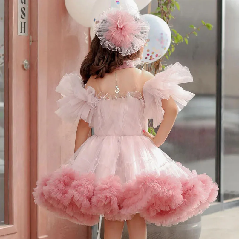 Customized Flower Girl Dresses Pink Tulle Puffy Short Sleeve For Wedding Birthday Banquet Prom Christmas Princess Gowns