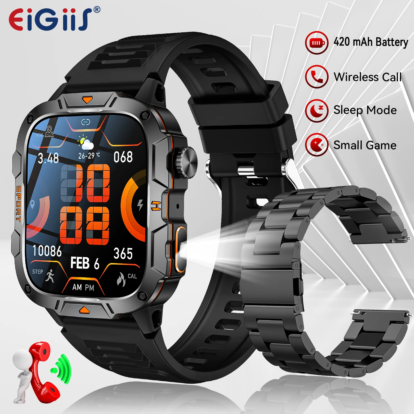 

EIGIIS Men Smart Watches with LED Flashlight 1.96"Screen 420mAh Battery Activity Tracker with 100+ Sport Modes and Sport Records
