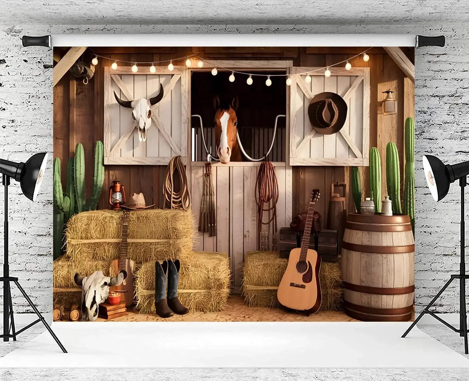 Western Cowboy Backdrop Wild West Rodeo Party Rustic Barn Door Horse cactus music photo background photography backdrop