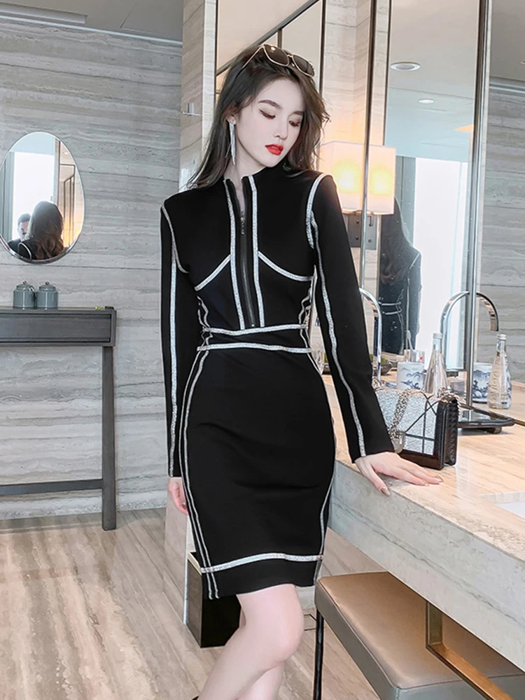 Fashion Trend Elegant Dresses for Women 2023 Black White Stitching Long Sleeve Mini Dress Office Street Bodycon Gown Vestidos