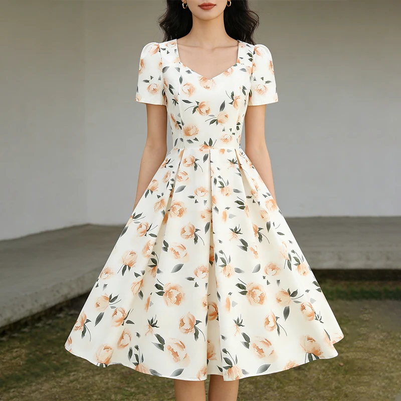 

Women Summer Retro Pleated Swing Dress Slim Fit Vintage Polka Dot Dress Elegant 50s Rockabilly Cocktail Party Robes