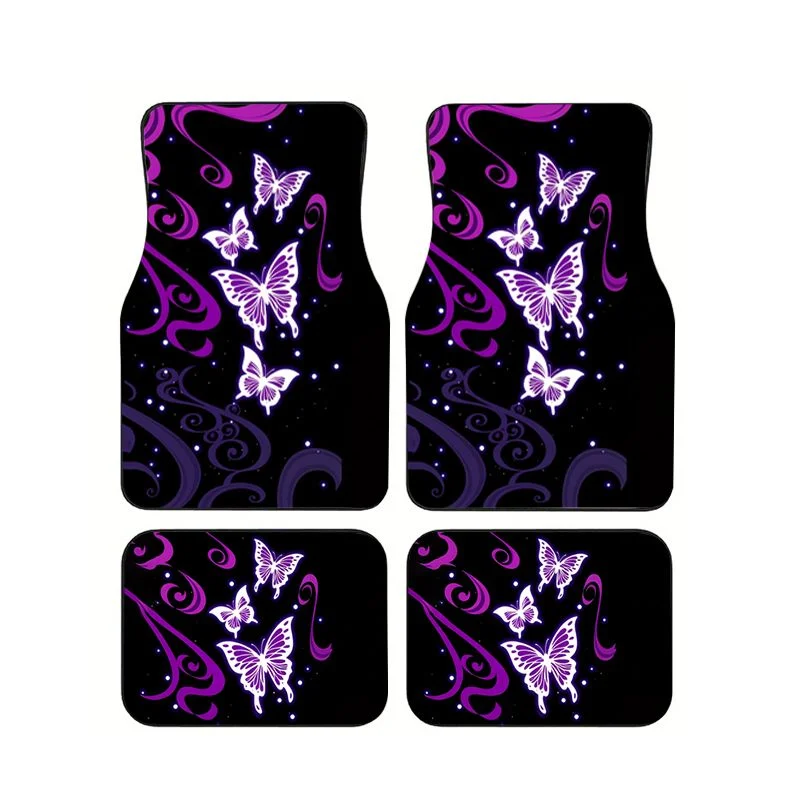 

Purple White Butterfly Swirl Print Car Floor Mats 4PCS Universal Non-slip Waterproof Auto Foot Carpets Car Accessories for Women