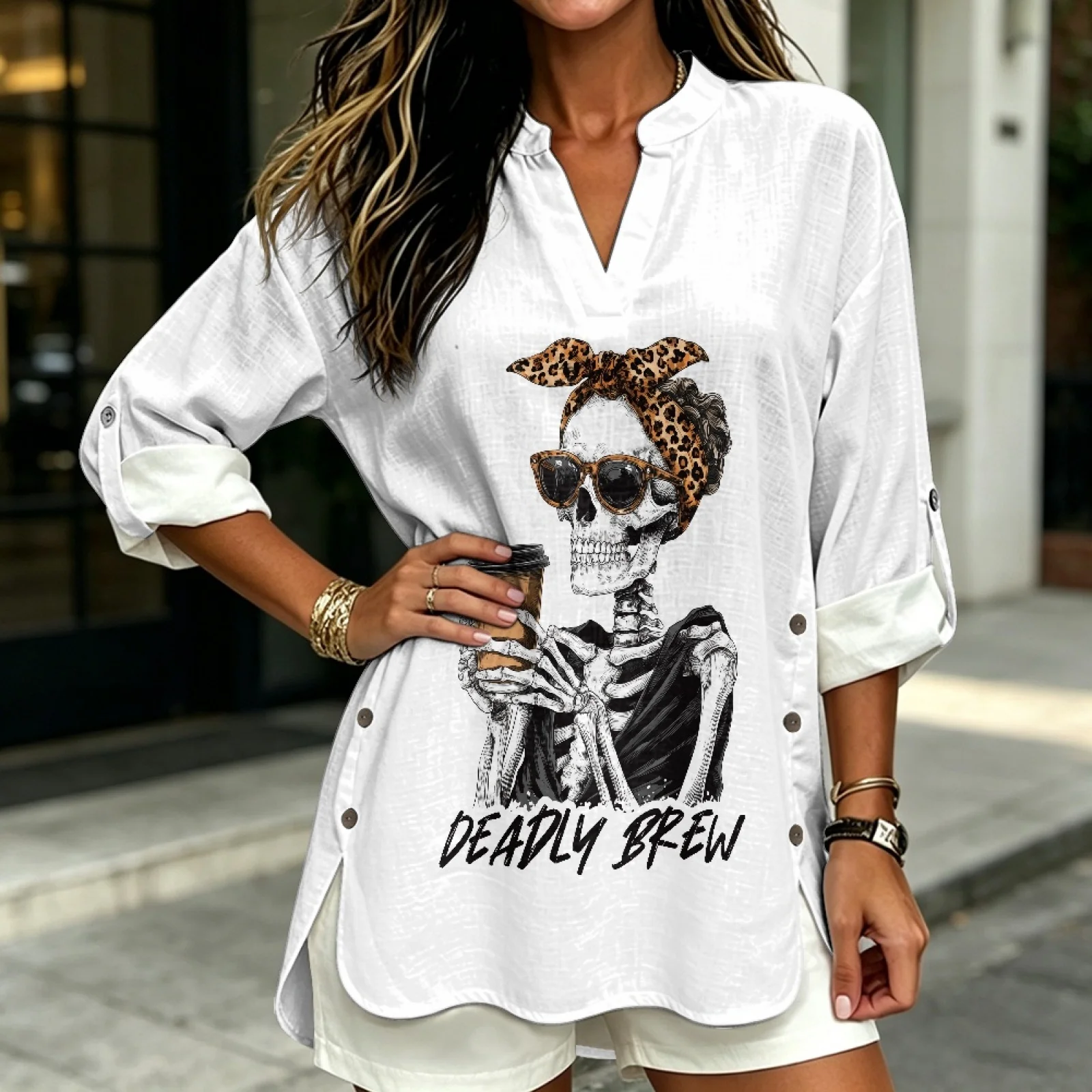 PENSTROLL Breathable Linen Like Notch V Neck Blouses Roll Up Long Sleeve Long Sleeve Tops for Beach Vacation Skeleton Coffee