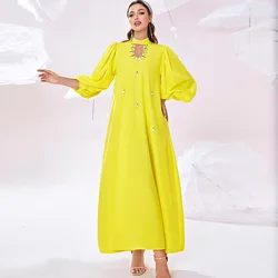 Eid Muslim Dress Lantern Sleeves Handsewn Diamond Middle East Ramadan Party Dresses Jalabiya Ramadan Abayas Caftan Kaftan