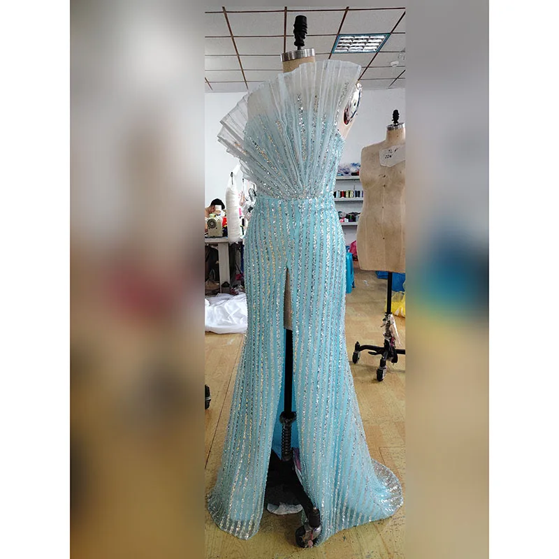 Sexy Mermaid Prom Gowns Women's Sequin Beaded Ruffle Party Evening Dress Floor Length Saudi Arabia Special Occasion Gown