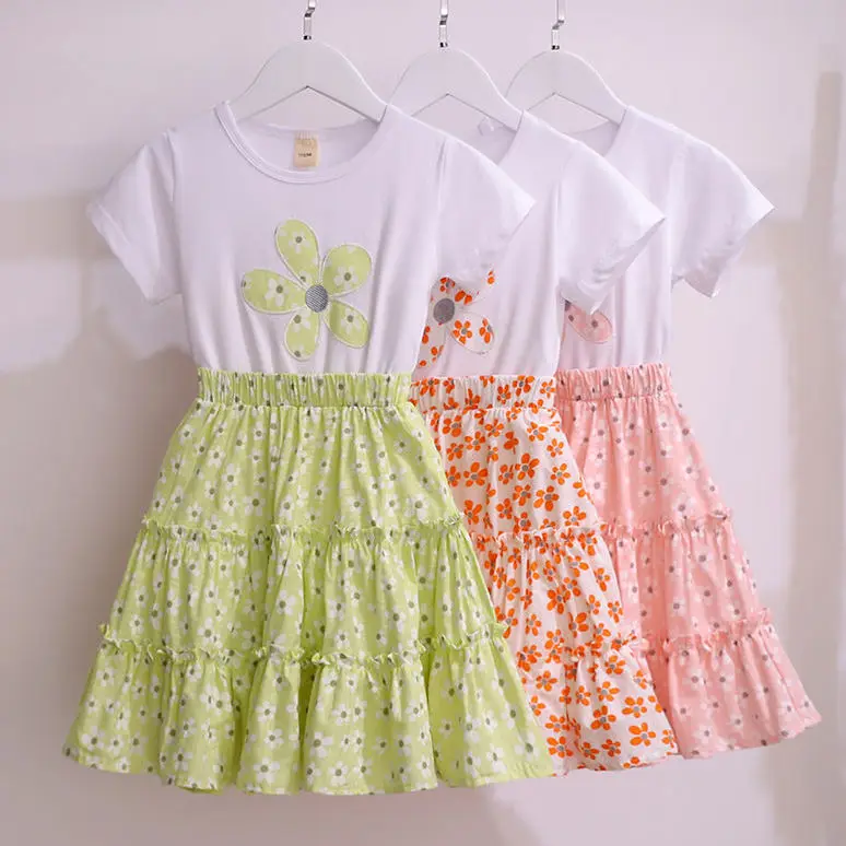 

2024 New Girls Dress Casual Floral Printed Patchwork Dress Kids Clothes