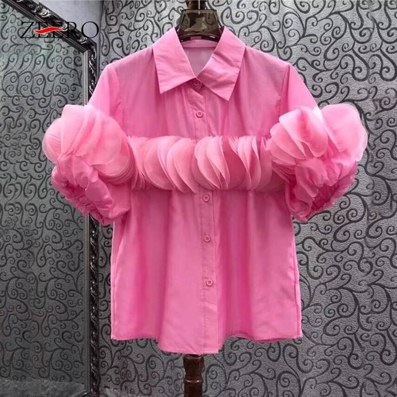 

Summer Women Vintage Loose Thin Pink Ruffles Patchwork Shirts Elegant Lapel Neck Blouses Y2k Petal Puff Sleeve Blusas Mujer