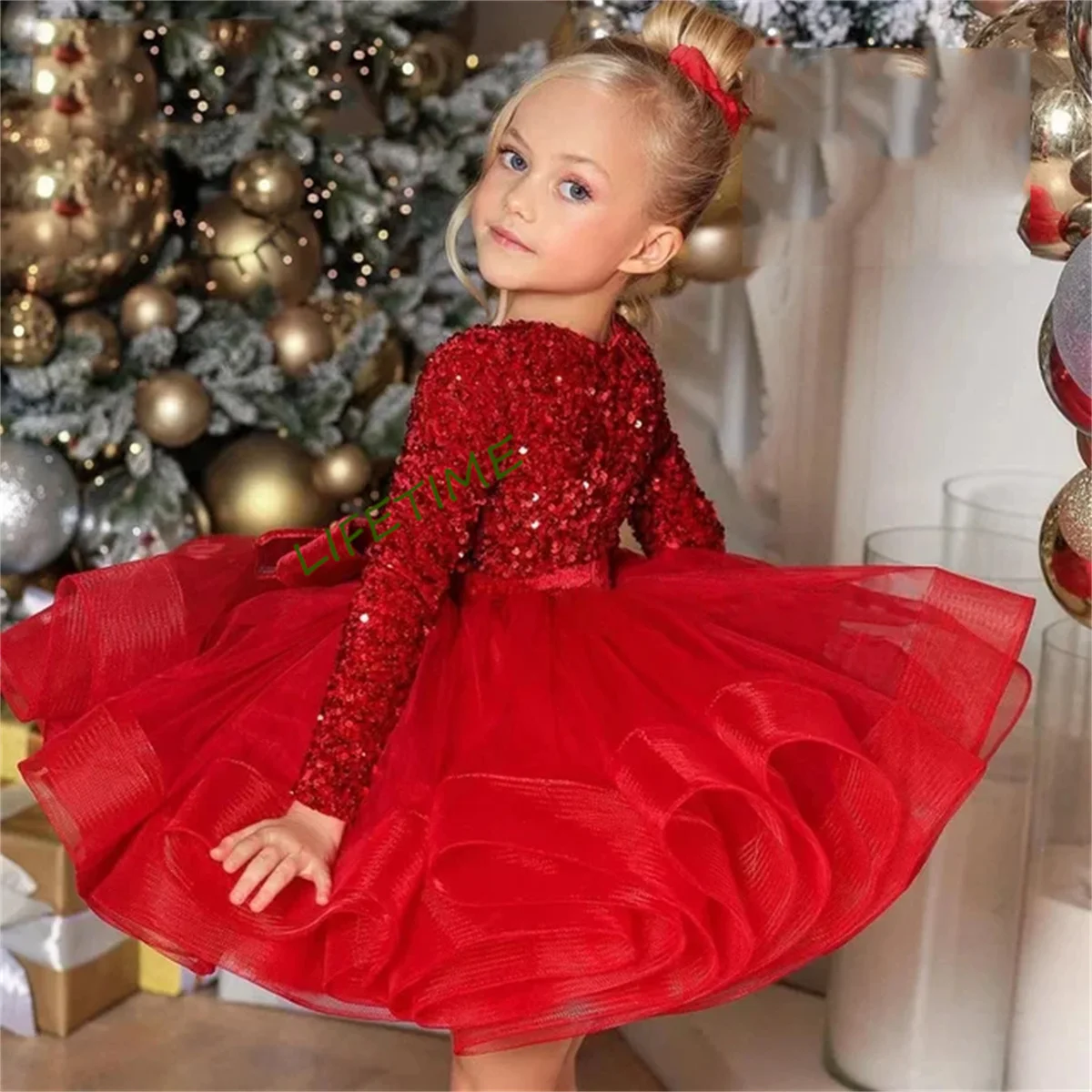 

Red Scoop Flower Girls Dresses for Baby 2024 Sleeveless Feather Christmas Gowns with Belt A Line Tiered Knee Length فلور فتاة ال